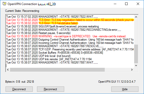 Tls error tls handshake failed